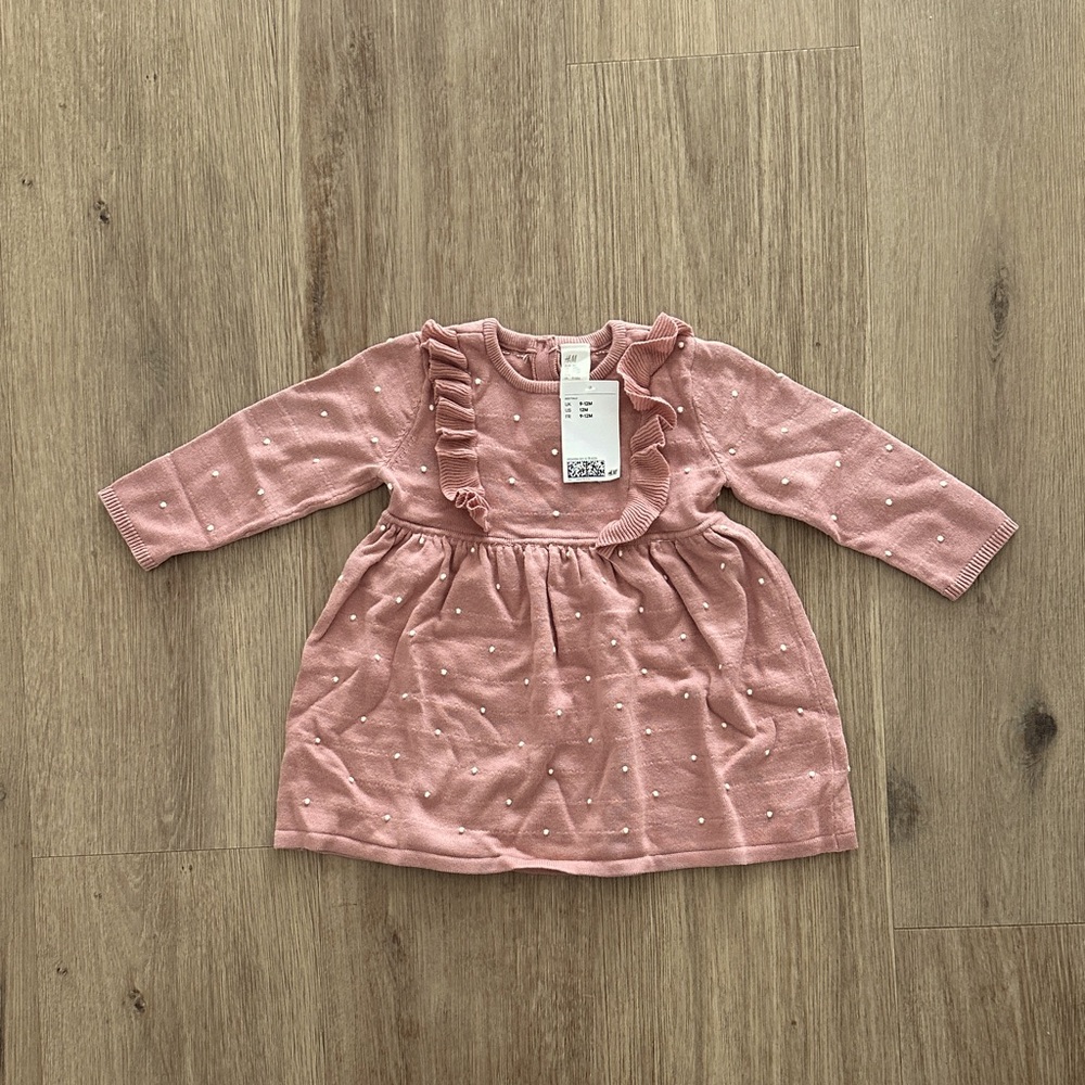 H&M Cute Pink 100% Cotton polka knit dress for 9-12 mos baby BNWT